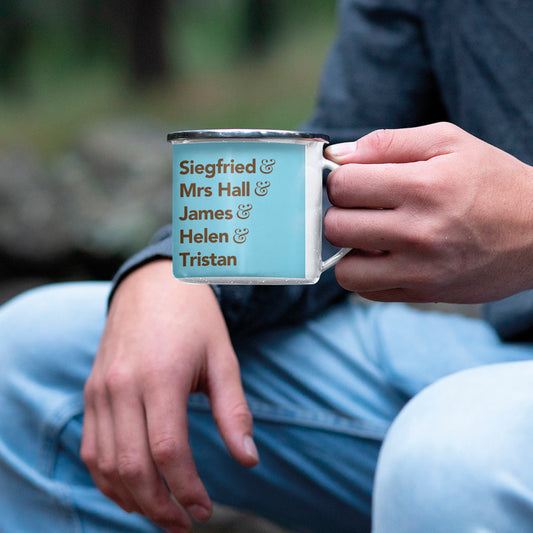 All Creatures Great and Small - Character Names on Blue Enamel Mug